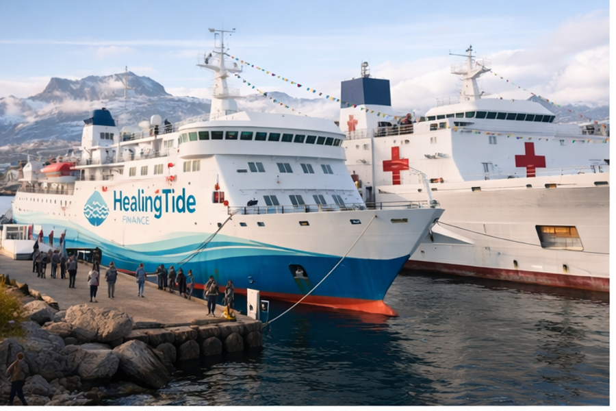 Loan ship and hospital ship docked side-by-side